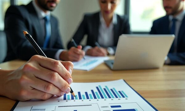 Professional company members close up workers gathered at conference room desk, doing statistical analysis, data reviewing, financial pie charts and sales graphs, solving task at seminar workshop


