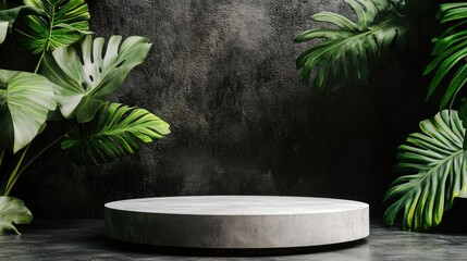 Tropical Scene with Monstera Leaves Framing a Stone Podium, Evoking a Luxurious and Exotic Atmosphere