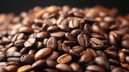 Fototapeta premium Pile of Roasted Coffee Beans Macro Close Up Shot Dark Background