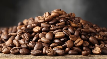 Fototapeta premium Pile of Coffee Beans on Wooden Table for Coffee Shop