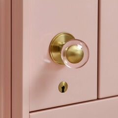 Pink cabinet door with brass and glass knob; keyhole visible.  Interior design, home decor