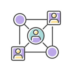 People connected in a network diagram with colorful circles  