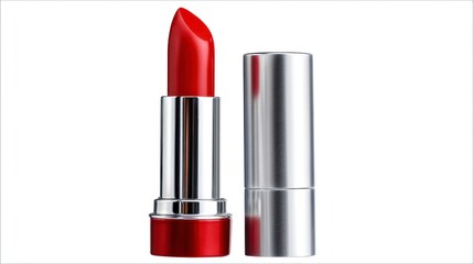 Obraz premium Red Lipstick with Silver Casing on White Backdrop for Makeup