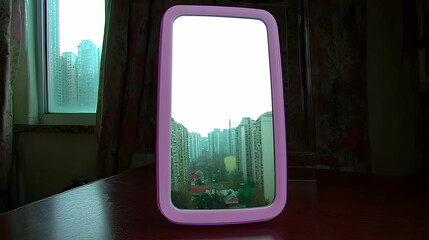 Fototapeta premium Apartment mirror reflecting city buildings and park