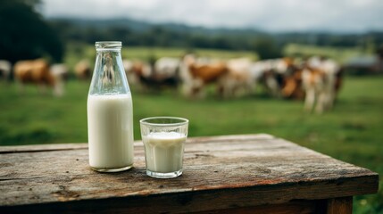 Fresh Milk in Bottle and Glass on Rustic Table with Cows
