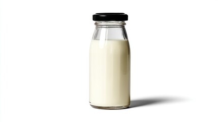 Glass Milk Bottle with Black Cap on White Background Still Life