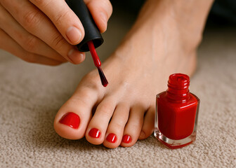 Close-up of a person applying red nail polish to toenails, ideal for illustrating beauty, self-care, or cosmetic product themes.