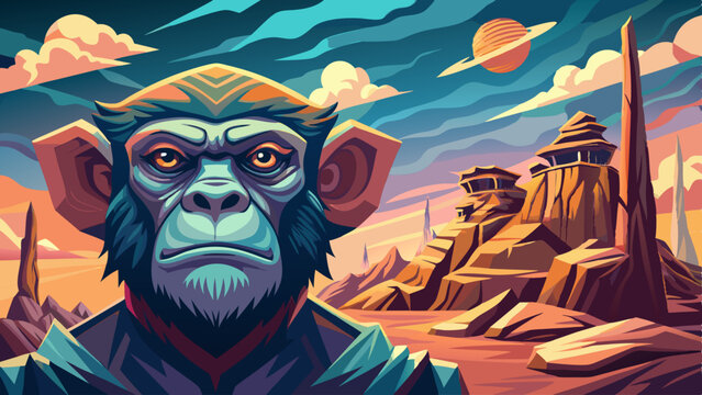 Monkey portrait on an alien rock formation under a strange colored sky, monkey banner