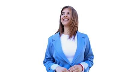 Smiling professional woman wearing blue corporate attire, gazing upward with confidence