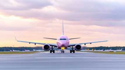 Naklejka premium Pink commercial airplane taxis on the runway at sunset under a pastel sky.