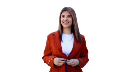 Young businesswoman smiling and buttoning her red jacket, isolated on transparent background, perfect for image editing