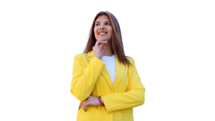 Professional businesswoman posing in bright yellow suit, resting hand thoughtfully against chin during studio photoshoot