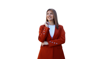 Professional businesswoman pondering, hand resting on chin, gazing upward against transparent backdrop
