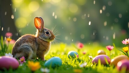 Cute gray rabbit sits in the grass, around colorful Easter eggs, Easter spring holiday 2025