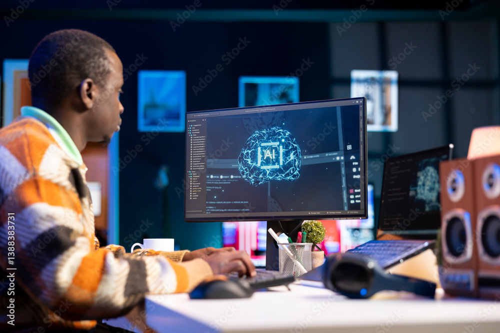 Poster african american it professional managing ai system for machine learning, coding software on termina