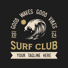 Surf club logo template isolated. Vintage surfing emblem in black background. Vector illustration of logo on surfing theme for t-shirt design