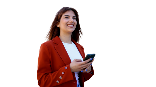 Happy manager using mobile phone and looking up, isolated on transparent background