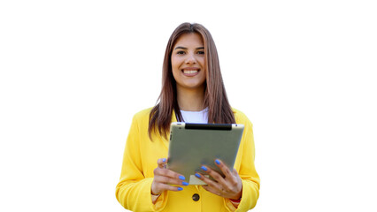 Naklejka premium Young businesswoman smiling and holding a tablet, isolated on transparent background