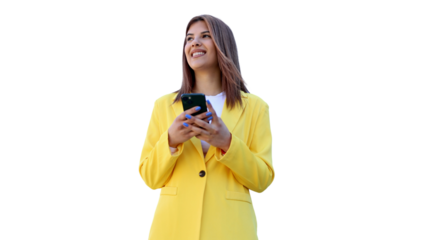 Happy businesswoman holding mobile phone looking up and smiling on transparent background