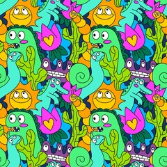 Cartoon doodle animals seamless monsters pattern for kids clothes print and wrapping paper and fabrics