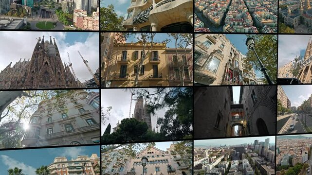 Video collage urban cityscape of Barcelona. Various shots of cathedrals blocks of architecture downtown historical and touristic in Catalonia Spain. High quality 4k footage