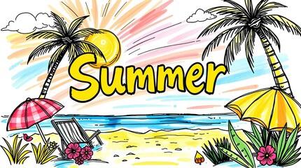 vibrant tropical summer beach illustration with sun and palm
colorful and playful cartoon art showing ocean vacation vibe
designed for kids, summer ads, or party invitations

