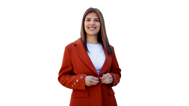 Professional businesswoman adjusting fitted red blazer, standing against transparent backdrop