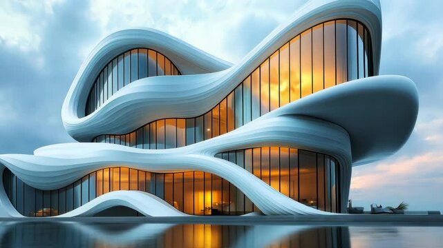 An impressive structure with organic curves and expansive glass panels stands elegantly against a colorful sunset backdrop, reflecting modern design principles and innovative architecture.