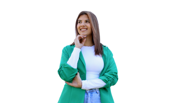 Professional businesswoman pondering, resting chin on hand, smiling softly against transparent backdrop in studio lighting