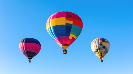 Naklejka premium Three hot air balloons drift against a clear blue sky. The largest balloon boasts a vibrant multicolored geometric pattern. Two smaller balloons, similarly patterned but in different color schemes, a