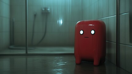 Red, blocky character in a dimly lit bathroom