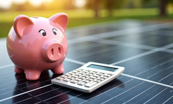 Closeup white calculator and pink piggy bank on modern black photovoltaic solar panel for sunlight house roof collector or industrial company project. Sustainable energy, economy, saving money concept