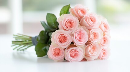 Obraz premium A bouquet of light pink roses rests on a white surface. The roses are tightly arranged, showing numerous blossoms. The image is high-quality with soft, natural lighting. The style is simple and ele