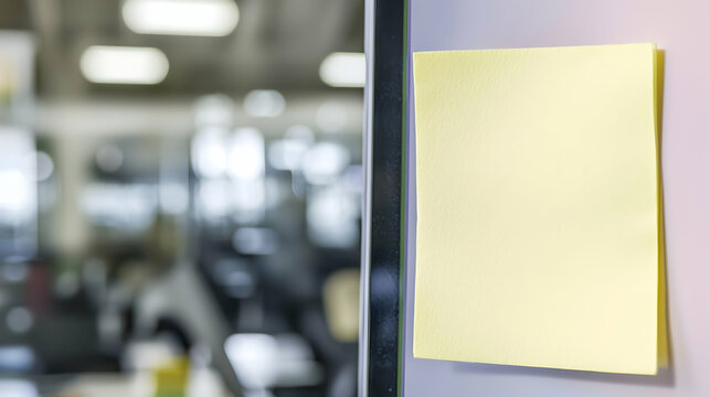 Blank yellow sticky note on glass wall, blurred gym background; ideal for reminders or messages