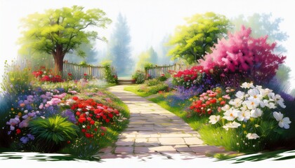 a garden pathway surrounded by flowers dreamy spring scenery impressionist painting isolated on white background