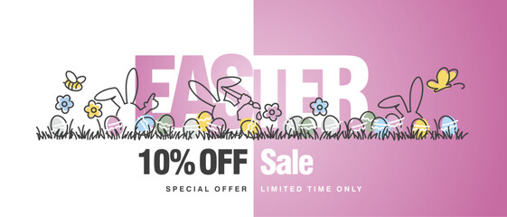 Easter Sale 10 10% percent off special offer limited time only handwritten line design colorful Easter banny egg hunt in grass spring white pink background
