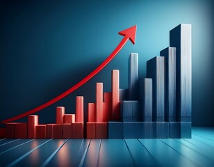 a histogram with a red arrow going up symbolizing business growth
