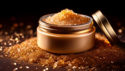 a close up photo of a luxurious body scrub in a sleek frosted jar surrounded by rich golden brown sugar crystals