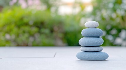 A stack of five smooth stones, primarily light blue with two white ones, rests on a light grey surface. The background is blurred greenery. The image is high quality with soft, natural lighting. The