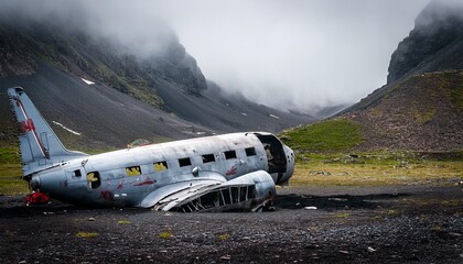 charred plane wreckage in misty mountain valley with burnt fuselage and red tail fin