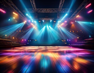 concert stage scenery with spotlights and colored lights realistic image