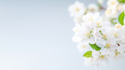 Obraz premium A high-resolution image shows delicate white blossoms on a branch. Soft, natural lighting enhances the flowers beauty. The pale blue background creates a serene mood. The style is simple and elegant