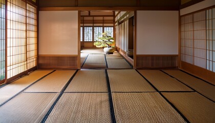 interiors of a traditional japanese ryokan with tatami mats background