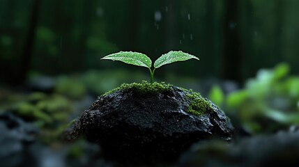 Tiny sprout emerging from rock, rain falling