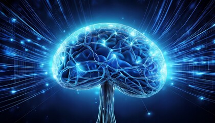digital representation of a brain showcasing intricate neural connections with glowing blue lights against a dark background