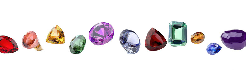 Fototapeta premium Colorful gemstones isolated on a white background, top view. A set of various cut and colored gems, png