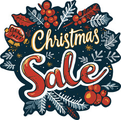 Illustration of a Christmas sale announcement with festive foliage on transparent background. Concept of holiday marketing