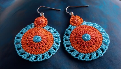 colorful handmade crochet earrings with intricate blue and orange patterns