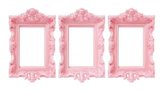 Set of pastel pink vintage photo frames with baroque ornaments, isolated on a white background, png