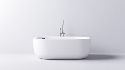 A sleek, white oval bathtub sits centrally in a minimalist bathroom. A chrome faucet is mounted above. The image is clean, high-resolution, and brightly lit. The style is modern and simple, featurin